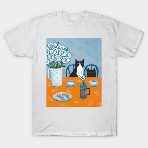 French Press Coffee Cats T-Shirt by KilkennyCat Art